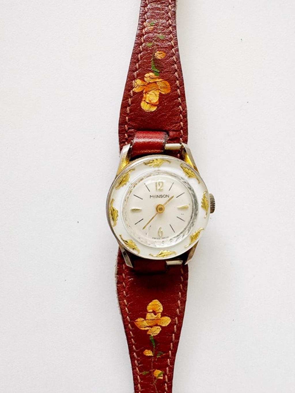 Vintage Manson Swiss Mechanical Ladies Watch 25mm Floral Leather Band Runs